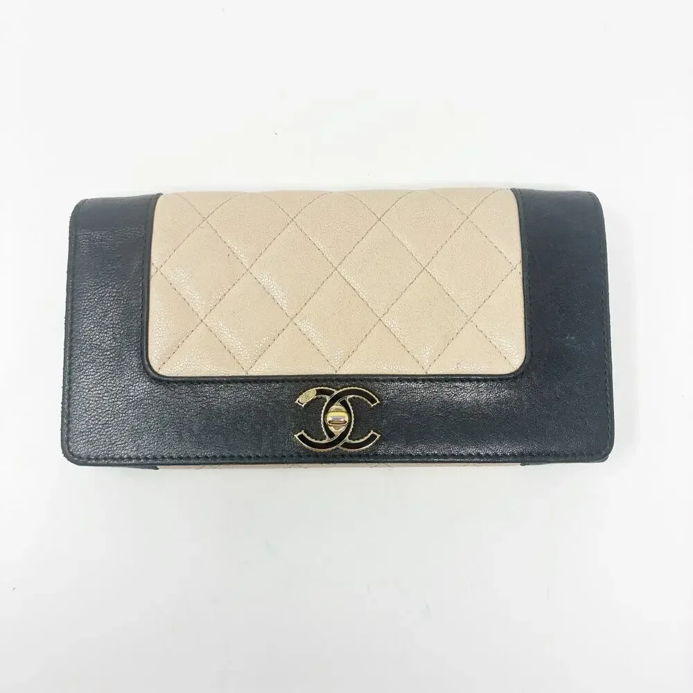 Chanel Mademoiselle Quilted Wallet in Black and Beige